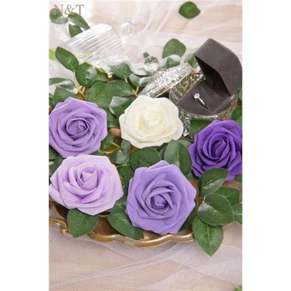 Purple Roses Artificial Flowers 25Pcs Fake Flowers Foam Roses with Stems for DIY - Picture 2 of 6